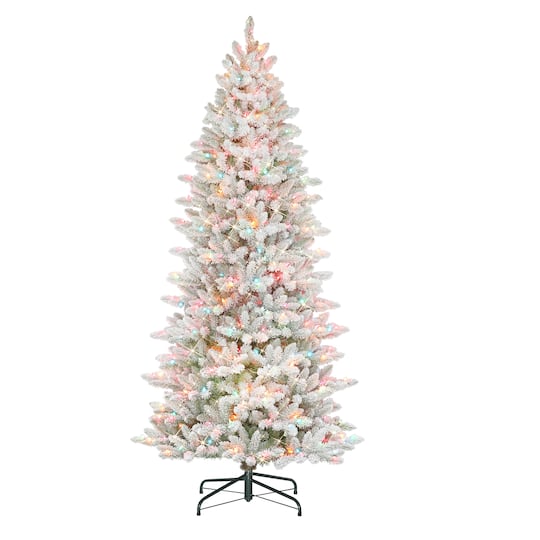 7.5ft Pre-Lit White Slim Fraser Fir Flocked Artificial Christmas Tree, Multicolor Lights By Puleo International | 7.5 ft | Michaels®